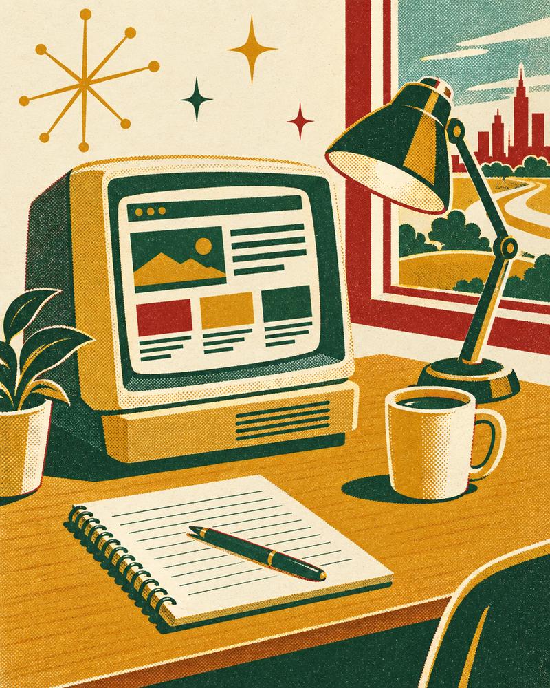 Retro illustration of a desk with a vintage computer showing a website layout