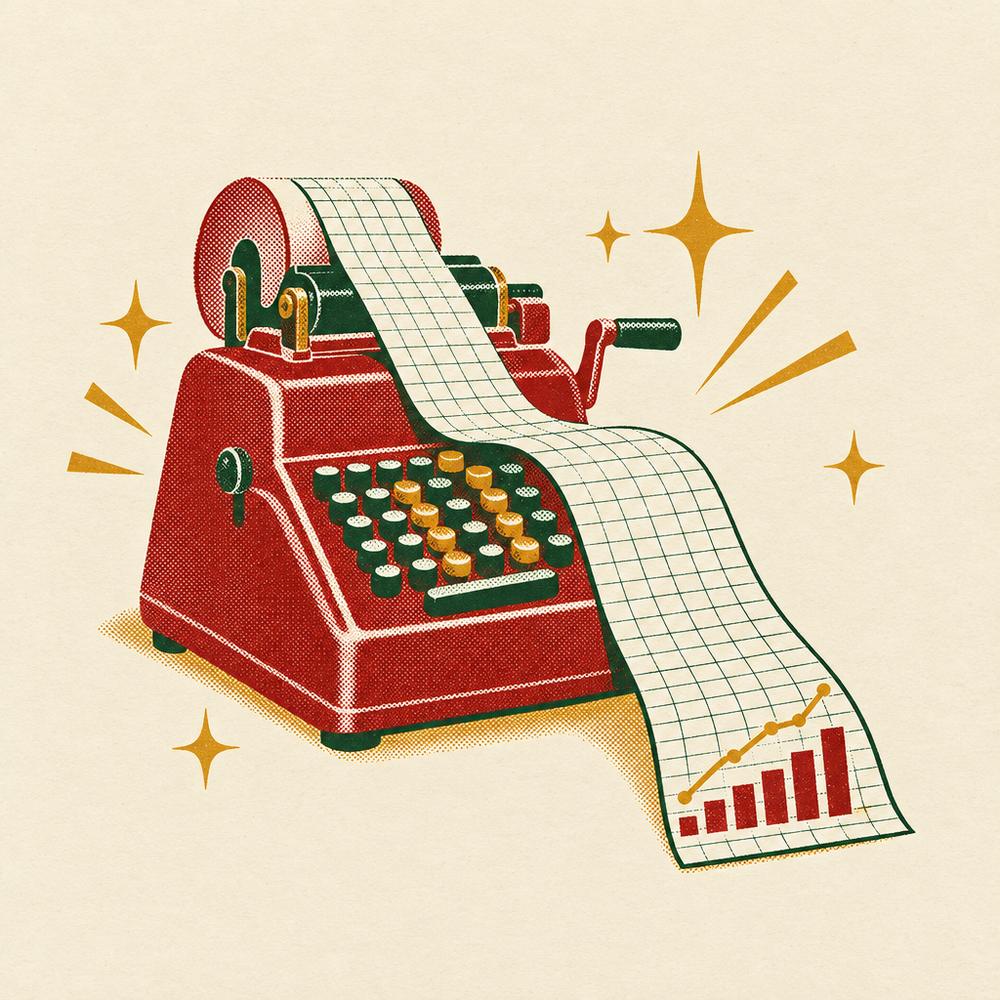 Retro illustration of an adding machine printing a spreadsheet