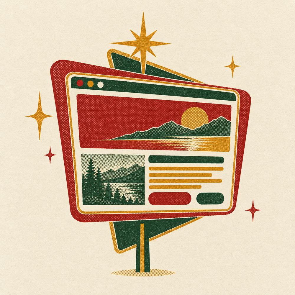 Retro illustration of a website shown inside a vintage sign